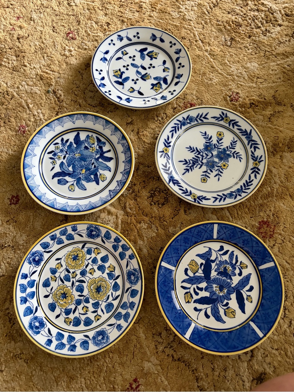 Blue and Yellow Floral Ceramic decorative Salad Plate size Set of 5 EUC